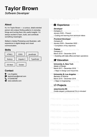 Black White Editorial resume template preview