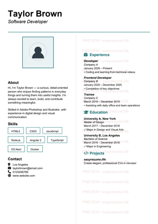 Minimal Teal Portrait resume template preview