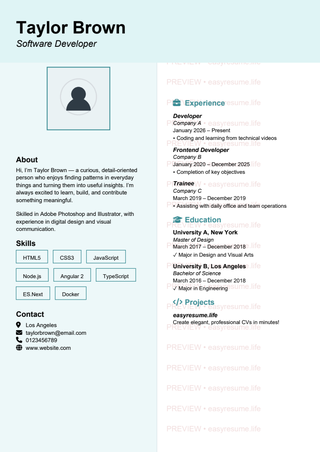 Soft Cyan Portrait resume template preview